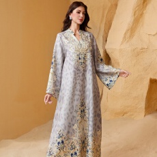 批发外贸中东跨境穆斯林长袍豹纹印花钉珠烫钻阿拉伯连衣<b class='q'>裙</b>女