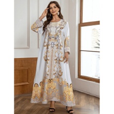 批发中东欧美跨境外贸热卖款穆斯林女士长袍印花钉珠烫钻连衣<b class='q'>裙</b>