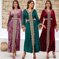 外贸女装长裙长袖秋冬穿搭刺绣衣服金丝绒连衣裙中东风