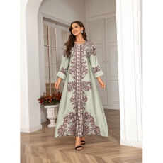 外贸中东跨境高密烫钻钉珠印花穆斯林女式长袍优雅连衣裙