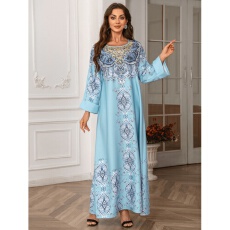 批发外贸中东欧美跨境外贸款穆斯林印花长袍钉珠圆领中东跨境