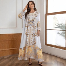 批发外贸中东穆斯林女士长袍印花钉珠烫钻女装连衣<b class='q'>裙</b>中东跨境民族风