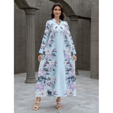 批发外贸中东跨境穆斯林女士印花长袍欧美亚马逊连衣<b class='q'>裙</b>