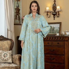 批发外贸穆斯林晚礼服提花刺绣连衣<b class='q'>裙</b>钉珠时尚阿拉伯迪拜长袍