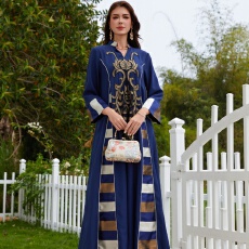 批发外贸欧美跨境外贸中东长袍服饰珠片绣花拼接条纹穆斯林大袍