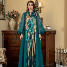 批发外贸中东跨境穆斯林V领<b class='q'>长袖</b>女士长袍时尚驼鸟毛亮片连衣<b class='q'>裙</b>