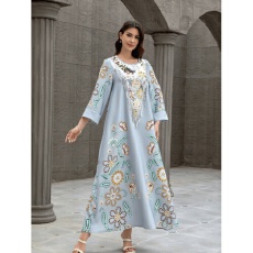 批发外贸穆斯林女士长袍印花流苏烫钻中东速卖通连衣<b class='q'>裙</b>亮片<b class='q'>长袖</b>