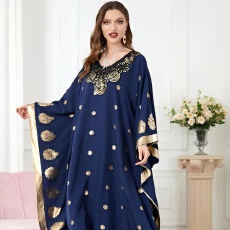 批发外贸穆斯女装中东蝙蝠袖长袍烫金绣花宽松大码连衣<b class='q'>裙</b>跨境