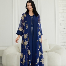 批发外贸中东跨境外贸长袍绣花纱时尚迪拜两件套开衫穆斯林连衣<b class='q'>裙</b>