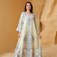 批发外贸东迪拜ins跨境穆斯林女士长袍钉珠印花dress圆领修身