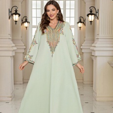 批发外贸穆斯林中东女装跨境夏季优雅绳绣长袍女连衣裙迪拜服饰