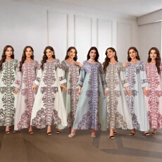 批发外贸中东跨境高密烫钻钉珠印花穆斯林女式长袍连衣裙镶钻