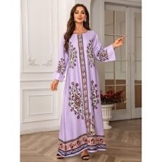 批发外贸中东跨境外贸亚马逊虾皮穆斯林女士长袍印花烫钻连衣裙