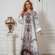 外贸中东跨境穆斯林女装长袍印花镶钻钉珠沙特爆款连衣裙