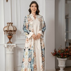 批发外贸中东跨境穆斯林女士印花长袍欧美亚马逊连衣裙