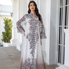 批发外贸中东跨境穆斯林女装长袍绣花布印花镶钻女长裙连衣裙