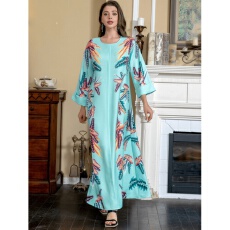 批发外贸沙特穆斯林女士长袍中东跨境印花烫钻泡珠民族风连衣裙