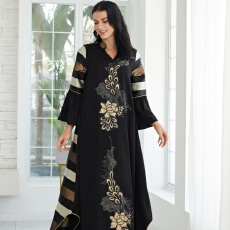 外贸跨境中东长袍女装长裙拼接条纹款穆斯林长袍女装