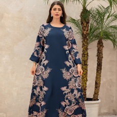 外贸中东沙特跨境穆斯林女装长袍印花钉珠阿拉伯连衣裙