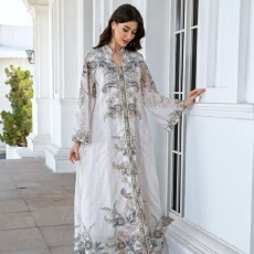 外贸中东跨境穆斯林女装长袍绣花布印花镶钻女长裙连衣裙