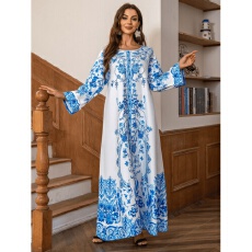 外贸中东穆斯林长袍高密烫钻钉珠女装青花瓷优雅圆领连衣裙
