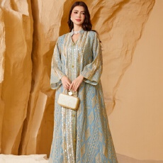 批发外贸中东穆斯林沙特迪拜晚礼服大码珠片刺绣绣花亮片连衣裙