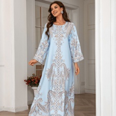 批发外贸中东迪拜ins跨境穆斯林女士长袍钉珠印花dress圆领修身