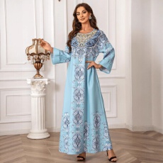批发外贸厂家直供Abaya高密烫钻印花钉珠中东女装长袍优雅圆领连衣