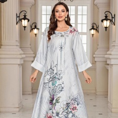 批发中东跨境穆斯林长袍印花钉珠镶钻<b class='q'>欧美</b>外贸<b class='q'>长裙</b>连衣裙阿拜亚