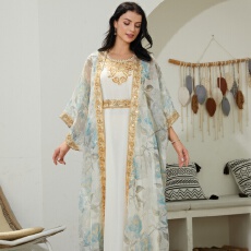 批发中东<b class='q'>外贸服装</b>厂穆斯林长袍烫金花装饰晚礼服两件套连衣裙