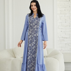 批发外贸中东长袍女装<b class='q'>欧美</b>迪拜新款印花收腰优雅晚礼服穆斯林连衣裙