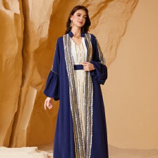 批发外贸中东科威特珠片绣花长袍穆斯林时尚女装两件套泡泡袖连衣<b class='q'>裙</b>