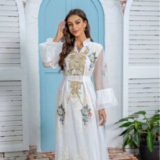 批发跨境外贸中东爆款穆斯林女装晚礼服珠片绣花连衣裙长袍