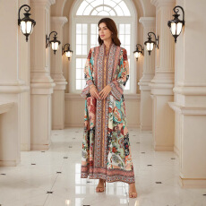 批发外贸中东跨境民族风V领印花长裙宽松大摆jalabiya女装外贸热卖