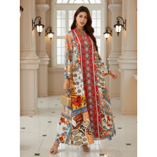 批发外贸中东跨境电商欧美迪拜爆款印花套头长袍穆斯林女装连衣裙