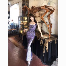 批发【4D<b class='q'>韩国</b>网原版】紫色连衣裙女夏季新款收腰包臀吊带裙蕾丝<b class='q'>长裙</b>子