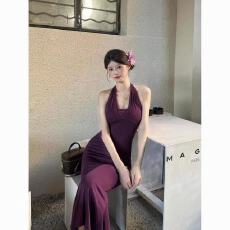 批发【人棉原版➕胸垫】酒<b class='q'>紫色</b>纯欲法式御姐链条收腰<b class='q'>连衣裙</b>夏季修身