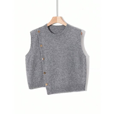 批发2026时尚女士短款圆领不对称纽扣无袖针织马甲，百搭针织背心