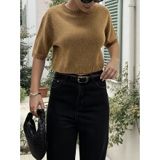 批发2026春夏欧美圆领纯色女士针织毛衣套头衫