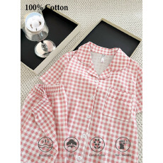 批发欧美简约春夏季格子<b class='q'>纯棉</b>睡衣女款短款亲肤舒适可外穿<b class='q'>家居服</b>套装