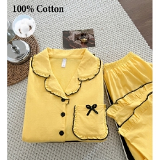 批发简约春夏季纯棉黄色睡衣女款套<b class='q'>装</b><b class='q'>长袖</b>长<b class='q'>裤</b>亲肤舒适可外穿家居服