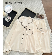 批发简约春夏季杏色纯棉睡衣女款套<b class='q'>装</b>长袖长裤亲肤舒适可外穿家居服