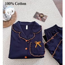 批发简约春夏季深蓝色纯棉<b class='q'>睡衣</b>女款套装长袖长裤亲肤舒适可外穿家居服