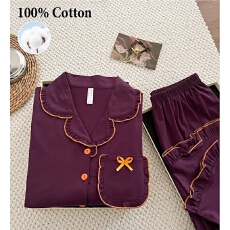 批发韩版春夏季紫色纯棉<b class='q'>睡衣</b>女款套装长袖长裤亲肤舒适可外穿家居服