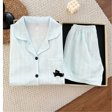 批发170g慵懒<b class='q'>可爱</b>蓝色夏季纯棉睡衣女套装短款柔软亲肤可外穿家居服