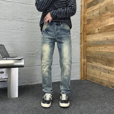 批发新款<b class='q'>潮</b>流个性印花皮表袋水洗雾霾蓝修身小脚裤弹力牛仔长裤男