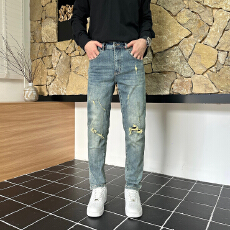 批发新款水洗浅蓝色破洞贴布修身小脚裤弹力<b class='q'>牛仔裤</b>九分裤男
