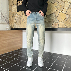 批发新款潮流水洗浅蓝渐变色修身小脚裤弹力牛仔长裤男