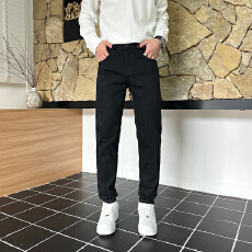 批发新款欧货后袋压花水洗纯黑色弹力<b class='q'>牛仔裤</b>长裤修身小脚裤男