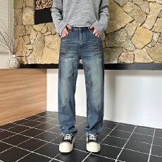 批发HB STUDIO 2026秋冬新款水洗蓝色韩系潮流宽松窄版直筒<b class='q'>牛仔裤</b>男